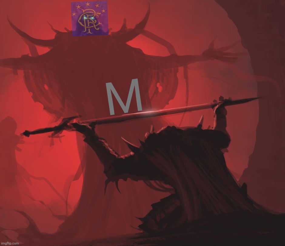 Man giving sword to larger man | M | image tagged in man giving sword to larger man | made w/ Imgflip meme maker