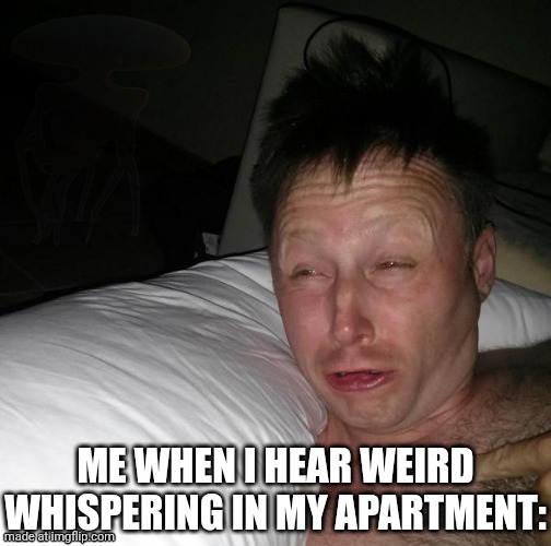 He is behind you. | Me when I hear weird whispering in my apartment: | image tagged in limmy waking up | made w/ Imgflip meme maker