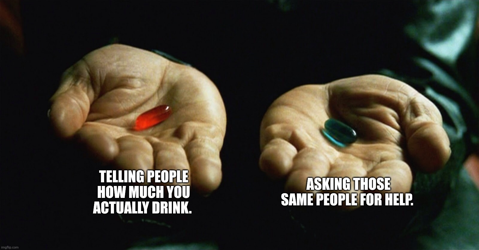 Red pill blue pill | Telling people how much you actually drink. Asking those same people for help. | image tagged in red pill blue pill | made w/ Imgflip meme maker