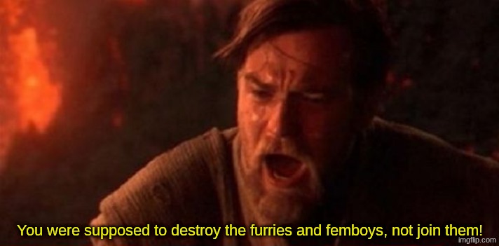You were supposed to destroy the furries and femboys, not join them! | image tagged in you were supposed to destroy the sith no text | made w/ Imgflip meme maker