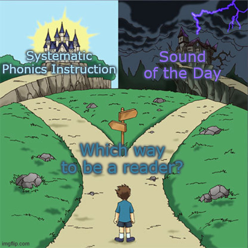 Two Paths | Sound of the Day; Systematic Phonics Instruction; Which way to be a reader? | image tagged in two paths | made w/ Imgflip meme maker