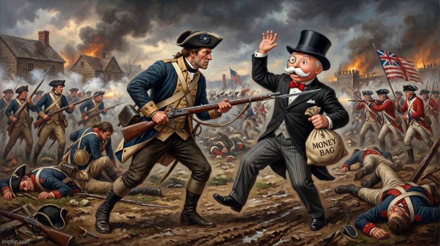 How AOC pictures it | image tagged in revolutionary war,aoc,billionaire,monopoly man | made w/ Imgflip meme maker