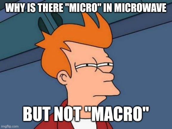Deep thoughts | Why is there "micro" in microwave; But not "macro" | image tagged in memes,futurama fry,microwave,funny | made w/ Imgflip meme maker