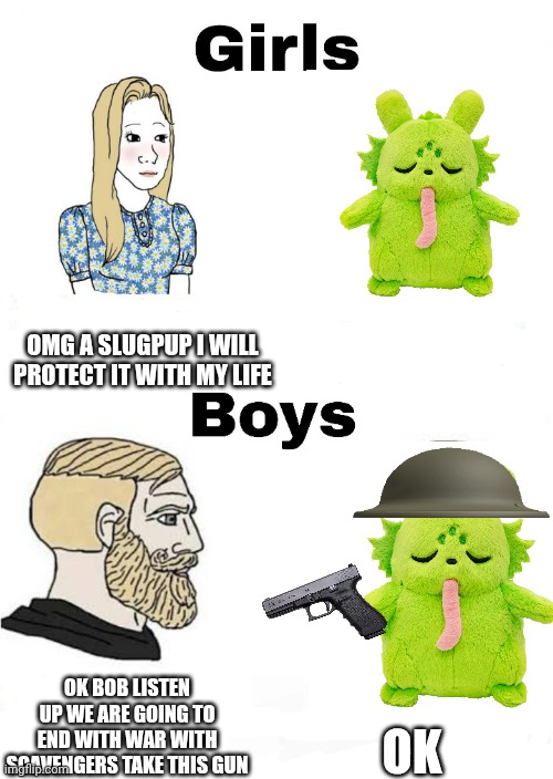 Boys vs Girls when they encounter a slugpup in rain world | Omg a slugpup I will protect it with my life; OK; OK Bob listen up we are going to end with war with scavengers take this gun | image tagged in girls vs boys | made w/ Imgflip meme maker