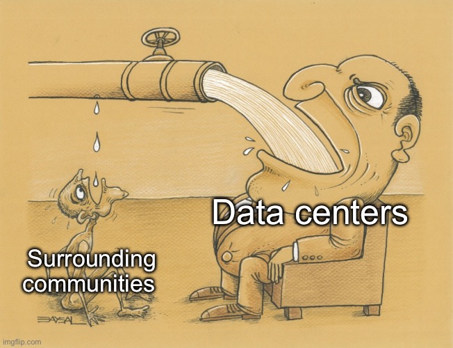 Why | Data centers; Surrounding communities | image tagged in guy who has lots of water,politics lol,memes,greed | made w/ Imgflip meme maker