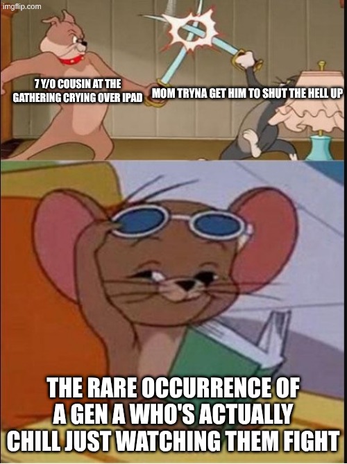 Tom and Spike fighting | mom tryna get him to shut the hell up the rare occurrence of a gen a who's actually chill just watching them fight 7 y/0 cousin at the gathe | image tagged in tom and spike fighting | made w/ Imgflip meme maker