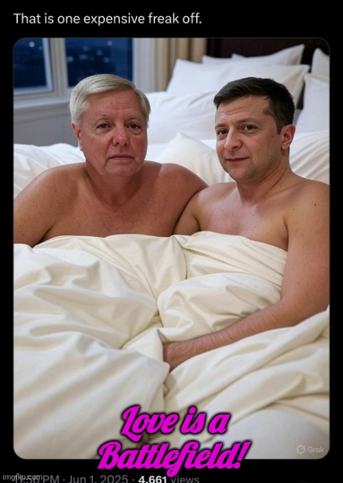 Lindsey Graham in bed with Zelensky | Love is a Battlefield! | image tagged in lindsey graham in bed with zelensky | made w/ Imgflip meme maker