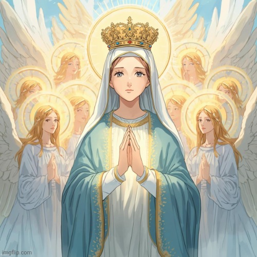 Anime Blessed Virgin Mary wears a crown is surrounded by beautif | image tagged in anime blessed virgin mary wears a crown is surrounded by beautif | made w/ Imgflip meme maker
