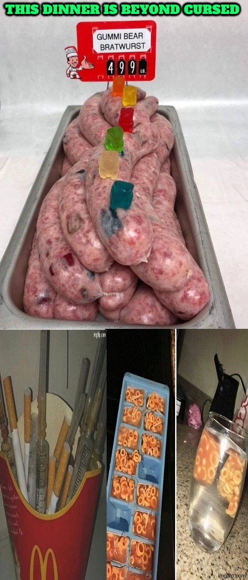 Beyond Cursed Dinner | This dinner is beyond cursed | image tagged in beyond cursed,cursed images,spaghetti-os,drink bleach,nasty food,can't unsee | made w/ Imgflip meme maker