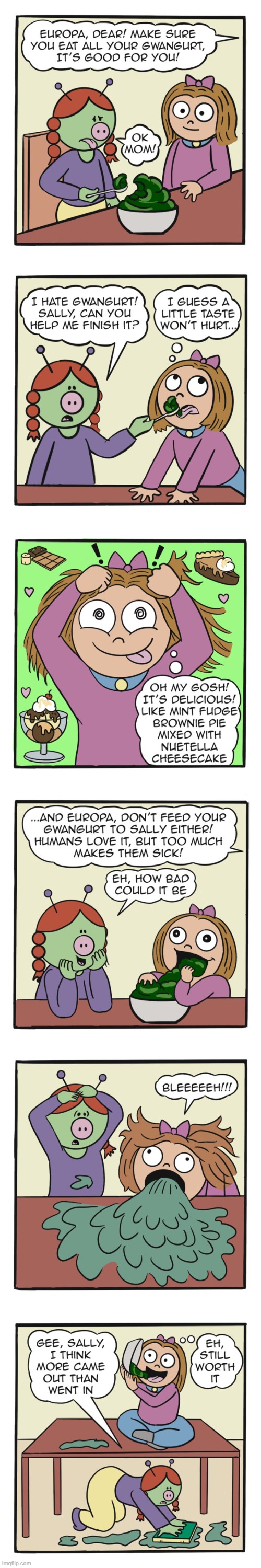 image tagged in human,sally,alien,yogurt,vomit,gross | made w/ Imgflip meme maker
