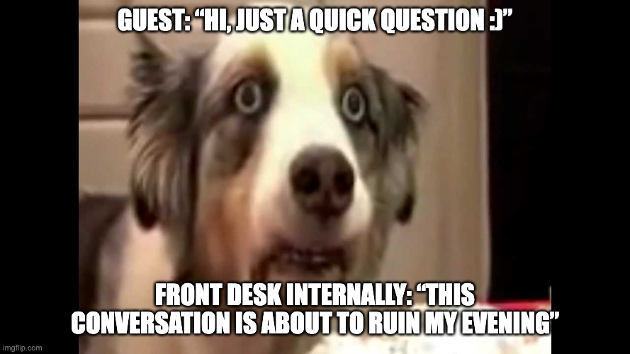 vietnam flashback dog | Guest: “Hi, just a quick question :)”; Front desk internally: “this conversation is about to ruin my evening” | image tagged in vietnam flashback dog | made w/ Imgflip meme maker