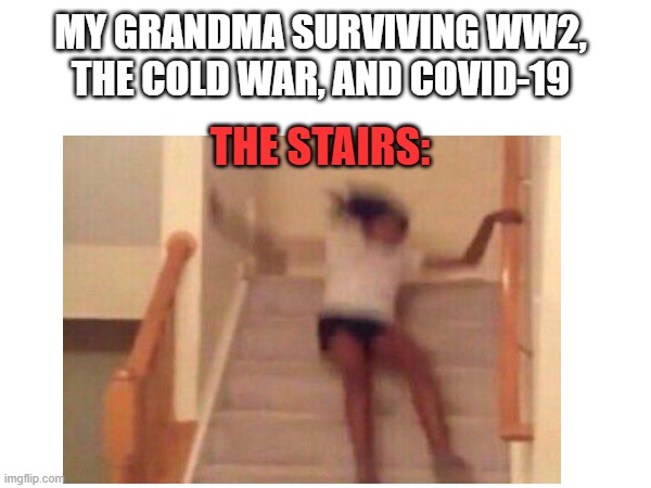 Gone in 60 steps. | My grandma surviving WW2, the Cold War, and Covid-19; The stairs: | image tagged in memes,funny,grandma,2026 | made w/ Imgflip meme maker