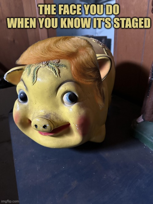 Cursed yellow piggy bank | The face you do when you know it's staged | image tagged in cursed yellow piggy bank | made w/ Imgflip meme maker