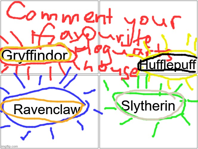 Blank Comic Panel 2x2 Meme | Gryffindor; Hufflepuff; Slytherin; Ravenclaw | image tagged in memes,blank comic panel 2x2 | made w/ Imgflip meme maker