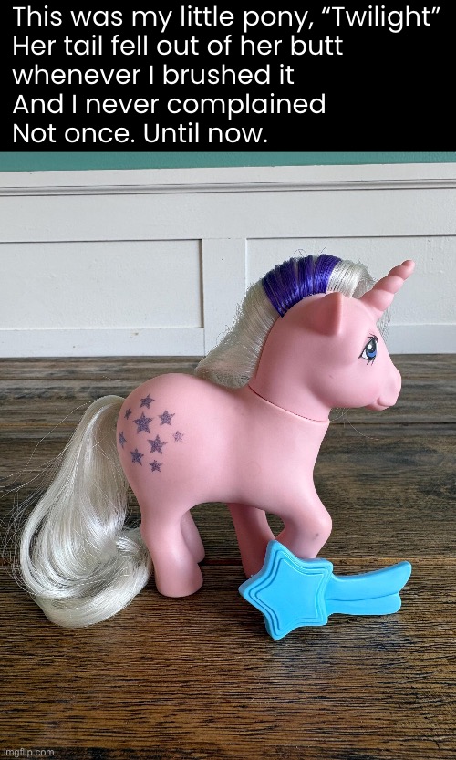Emotional Damage | This was my little pony, “Twilight”
Her tail fell out of her butt
whenever I brushed it
And I never complained
Not once. Until now. | image tagged in funny memes,80s,my little pony | made w/ Imgflip meme maker