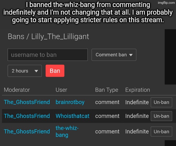 Banned the-whiz-bang | I banned the-whiz-bang from commenting indefinitely and I'm not changing that at all. I am probably going to start applying stricter rules on this stream. | image tagged in banned | made w/ Imgflip meme maker