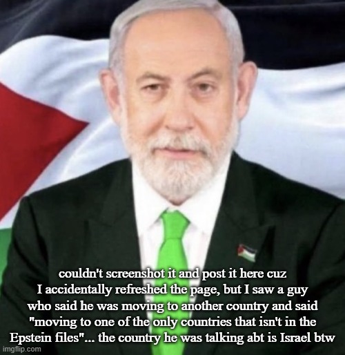 Palestinian yahu | couldn't screenshot it and post it here cuz I accidentally refreshed the page, but I saw a guy who said he was moving to another country and said "moving to one of the only countries that isn't in the Epstein files"... the country he was talking abt is Israel btw | image tagged in palestinian yahu | made w/ Imgflip meme maker