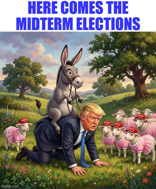 HERE COME THE MIDTERMS! | here comes the midterm elections | image tagged in democrats,republicans,republican,donald trump,jackass,maga | made w/ Imgflip meme maker