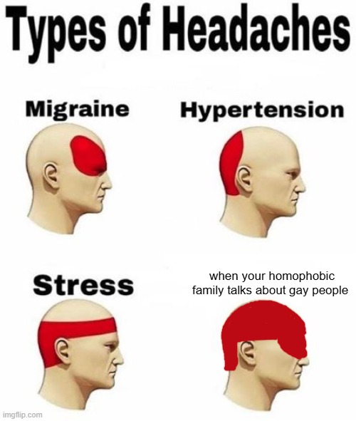 Types of headaches (cleared) | when your homophobic family talks about gay people | image tagged in types of headaches cleared | made w/ Imgflip meme maker