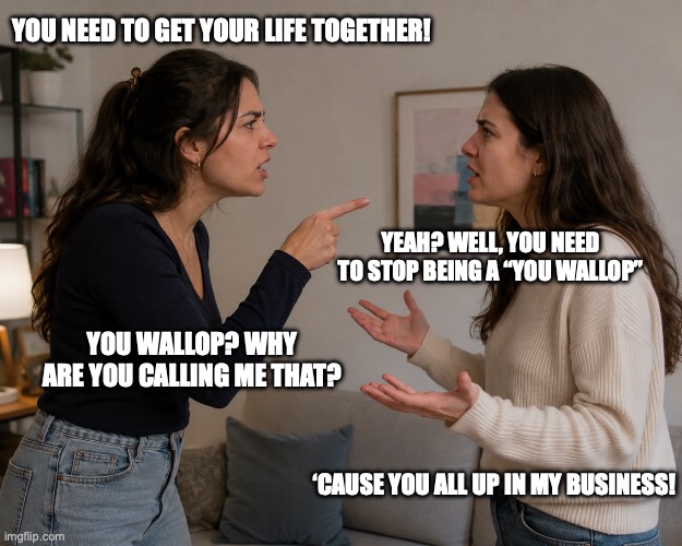 Nothing worse than a "You Wallop" | You need to get your life together! Yeah? Well, you need to stop being a “you wallop”; You wallop? Why are you calling me that? ‘Cause you all up in my business! | image tagged in chatgpt image may 12 2026 at 09_11_01 am png | made w/ Imgflip meme maker