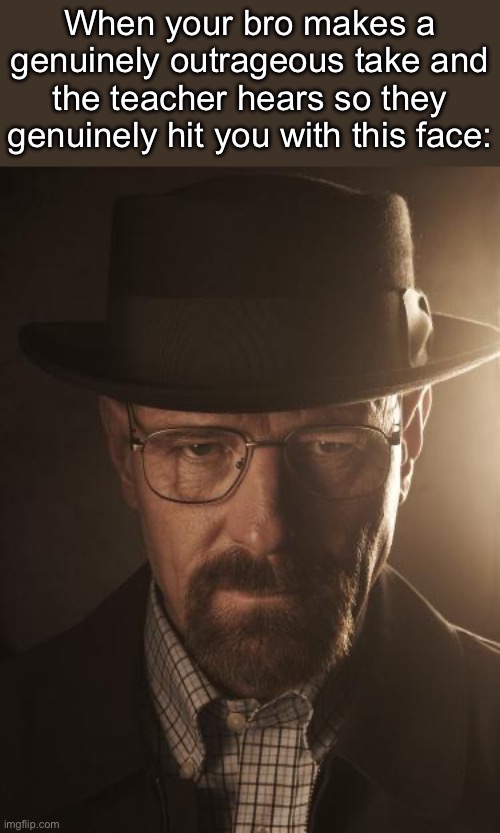 Mr Hall to Mr. Heisenberg | When your bro makes a genuinely outrageous take and the teacher hears so they genuinely hit you with this face: | image tagged in walter white,memes,fun | made w/ Imgflip meme maker
