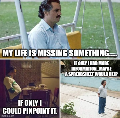 Something is missing | My life is missing something..... If only I had more information...maybe a spreadsheet would help; if only i could pinpoint it. | image tagged in memes,sad pablo escobar,work,spreadsheet | made w/ Imgflip meme maker