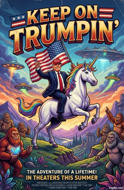KEEP ON TRUMPIN' | image tagged in donald trump,ufo,aliens,sasquatch,gay unicorn,make america great again | made w/ Imgflip meme maker
