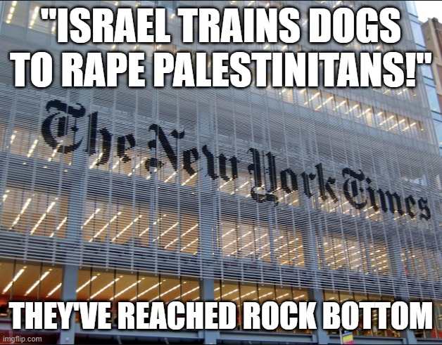 idiocy in print | "israel trains dogs to rape palestinitans!"; they've reached rock bottom | image tagged in new york times | made w/ Imgflip meme maker