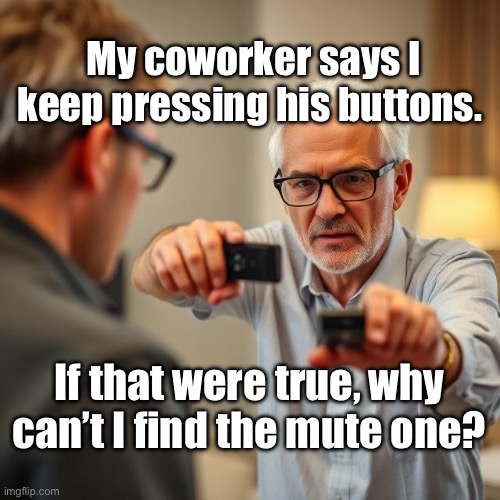 Office Coworker | My coworker says I keep pressing his buttons. If that were true, why can’t I find the mute one? | image tagged in img_9505 jpeg,office,mute | made w/ Imgflip meme maker