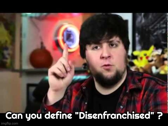 JonTron I have several questions | Can you define "Disenfranchised" ? | image tagged in jontron i have several questions | made w/ Imgflip meme maker