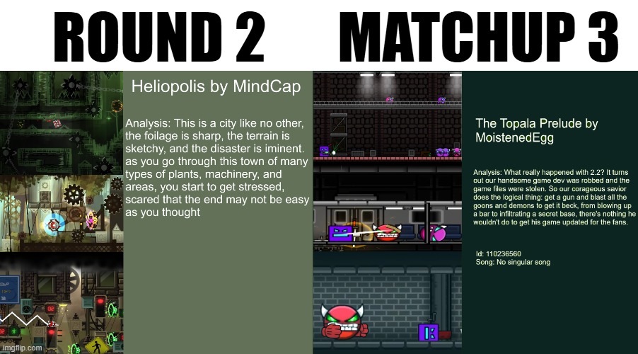 (Another funky future) Matchup 3: RobTops Villian Arc vs. TheLevelThatShouldn'tBeHere | Round 2; Matchup 3 | image tagged in topalaprelude png | made w/ Imgflip meme maker