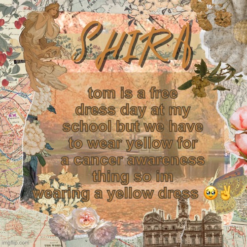 shira’s sweet temp | tomorrow is a free dress day at my school but we have to wear yellow for a cancer awareness thing so im wearing a yellow dress 🥹✌️ | image tagged in shira s sweet temp | made w/ Imgflip meme maker