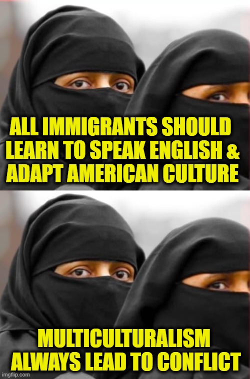 Why did you come here? | All immigrants should 
learn to speak English &
adapt American culture; Multiculturalism 
always lead to conflict | image tagged in immigration | made w/ Imgflip meme maker