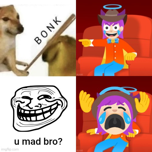 A redraw of Emojini crying like that one clipart was made by me as shown here. | u mad bro? | image tagged in emojini laughing then bored,emojini,the great emojini,funny,shitpost,lol | made w/ Imgflip meme maker