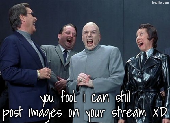 you really thought you could get rid of me eh? | you fool. i can still post images on your stream XD | image tagged in memes,laughing villains | made w/ Imgflip meme maker