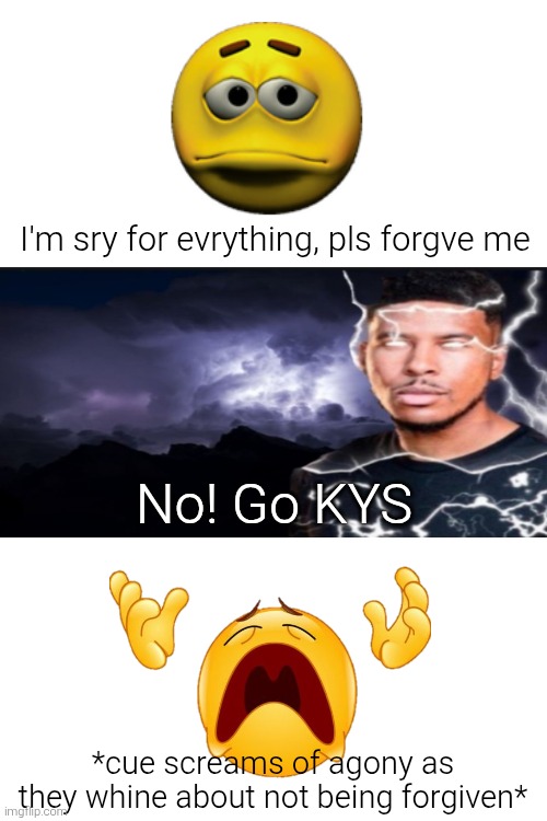 My second parody of the overused "apology denied" memes that's been done a lot of times. | I'm sry for evrything, pls forgve me; No! Go KYS; *cue screams of agony as they whine about not being forgiven* | image tagged in you should kill yourself now,crying,kys,apology,shitpost,sorry | made w/ Imgflip meme maker