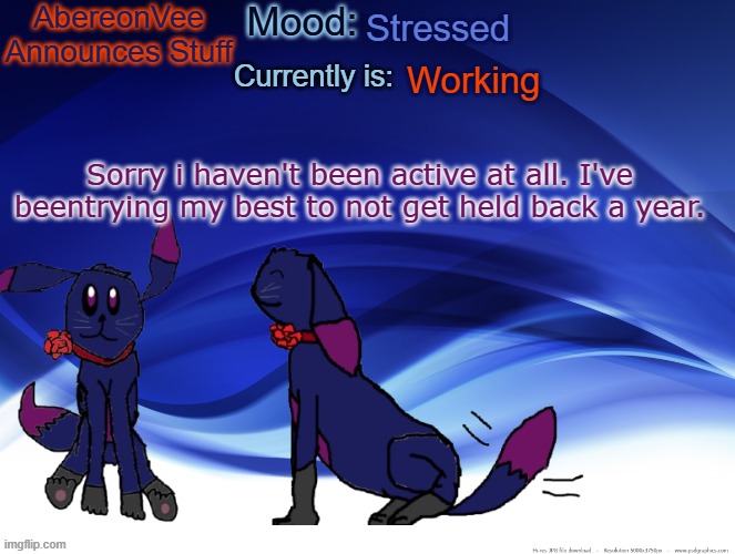 AberVee's Announces Things | Stressed; Working; Sorry i haven't been active at all. I've beentrying my best to not get held back a year. | image tagged in abervee's announces things | made w/ Imgflip meme maker