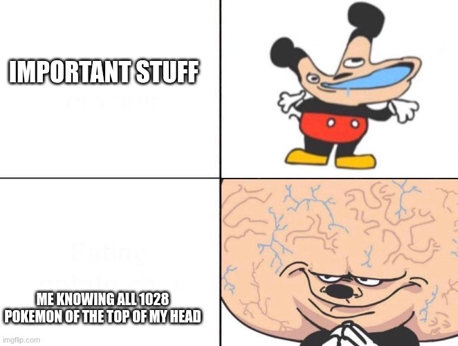 trust me it will come in handy | important stuff; me knowing all 1028 pokemon of the top of my head | image tagged in big brain mickey | made w/ Imgflip meme maker