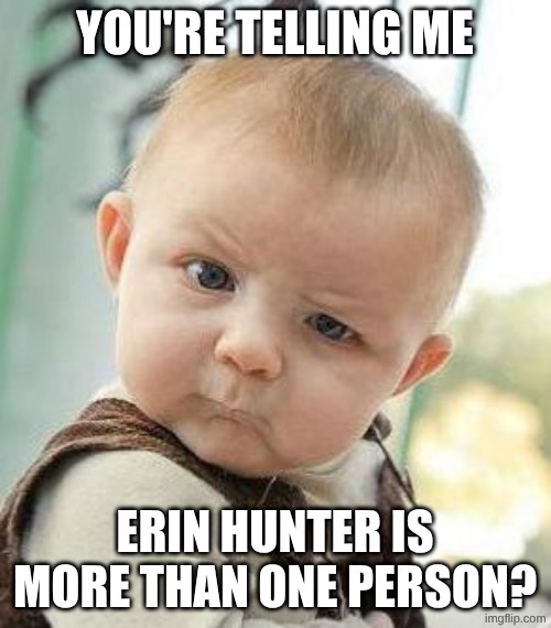 she actually is | YOU'RE TELLING ME; ERIN HUNTER IS MORE THAN ONE PERSON? | image tagged in confused baby,remix | made w/ Imgflip meme maker