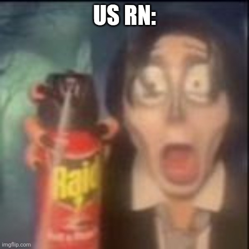 maliciously sprays you with raid | Us rn: | image tagged in maliciously sprays you with raid | made w/ Imgflip meme maker