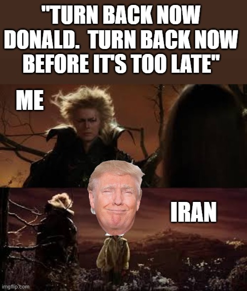 "Turn back now donald.  turn back now before it's too late"; Me; iran | made w/ Imgflip meme maker