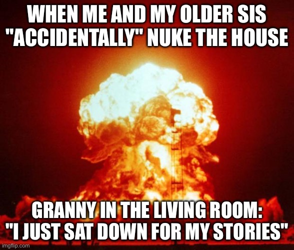Nuke | WHEN ME AND MY OLDER SIS "ACCIDENTALLY" NUKE THE HOUSE; GRANNY IN THE LIVING ROOM: "I JUST SAT DOWN FOR MY STORIES" | image tagged in nuke | made w/ Imgflip meme maker
