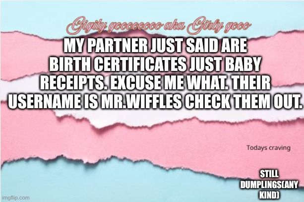 dark humor!!! | my partner just said are birth certificates just baby receipts. excuse me WHAT. their username is Mr.wiffles check them out. still dumplings(any kind) | image tagged in screenshot 2026-05-07 11 41 42 png,dark humor | made w/ Imgflip meme maker