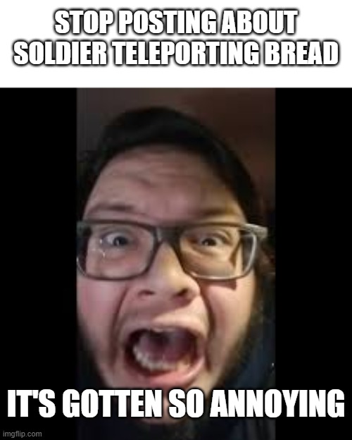 STOP. POSTING. ABOUT AMONG US | STOP POSTING ABOUT SOLDIER TELEPORTING BREAD; IT'S GOTTEN SO ANNOYING | image tagged in stop posting about among us | made w/ Imgflip meme maker