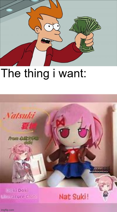 take my money | The thing i want: | image tagged in shut up and take my money fry,ddlc,natsuki | made w/ Imgflip meme maker