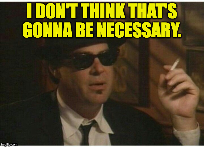 Dan Aykroyd Blues Brothers | i don't think that's gonna be necessary. | image tagged in dan aykroyd blues brothers | made w/ Imgflip meme maker