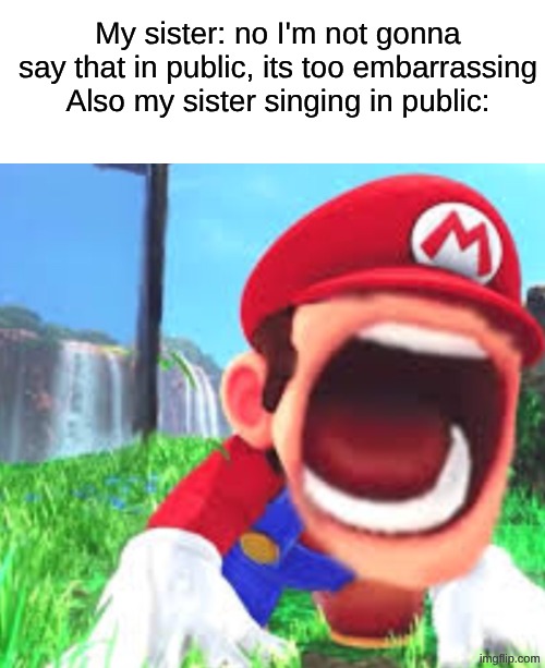 they are crazy | My sister: no I'm not gonna say that in public, its too embarrassing
Also my sister singing in public: | image tagged in memes,ow oof ouchie mario scraem | made w/ Imgflip meme maker