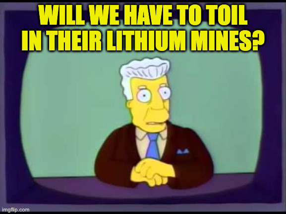 will we have to toil in their lithium mines? | image tagged in kent brockman welcomes overlords | made w/ Imgflip meme maker