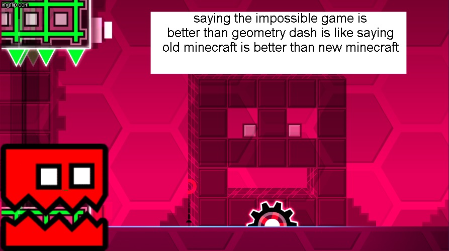 CROFINd's announcement template | saying the impossible game is better than geometry dash is like saying old minecraft is better than new minecraft | image tagged in crofind's announcement template | made w/ Imgflip meme maker