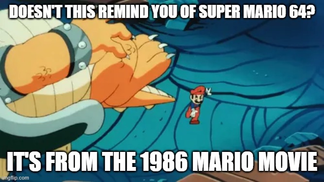 Mario throws Bowser | doesn't this remind you of super mario 64? it's from the 1986 mario movie | image tagged in mario throws bowser | made w/ Imgflip meme maker